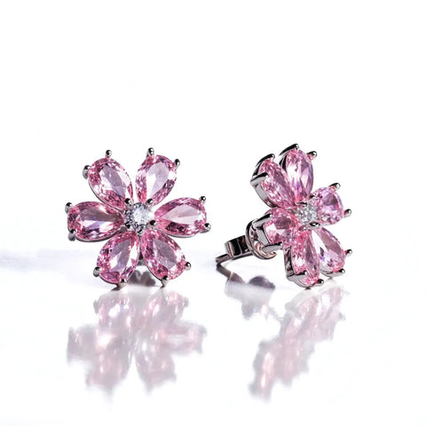 Brinco Flor Safira Rosa em Prata 925
