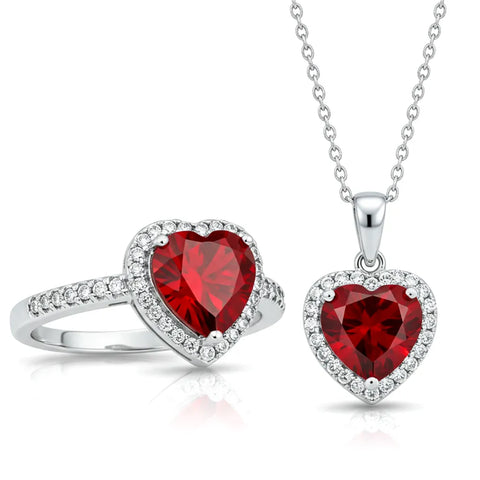 Conjunto Coração Vermelho Cravejado em Prata 925 – Anel e Colar