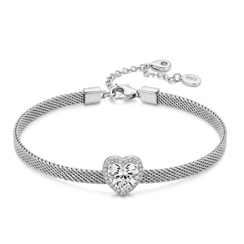 Pulseira Malha com Coração Cravejado em Prata 925 com Moissanite