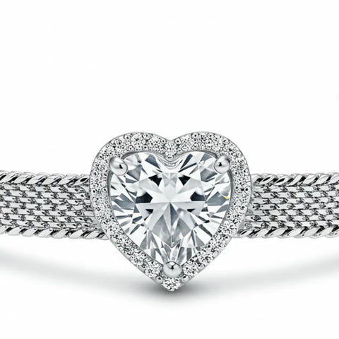 Pulseira Malha com Coração Cravejado em Prata 925 com Moissanite