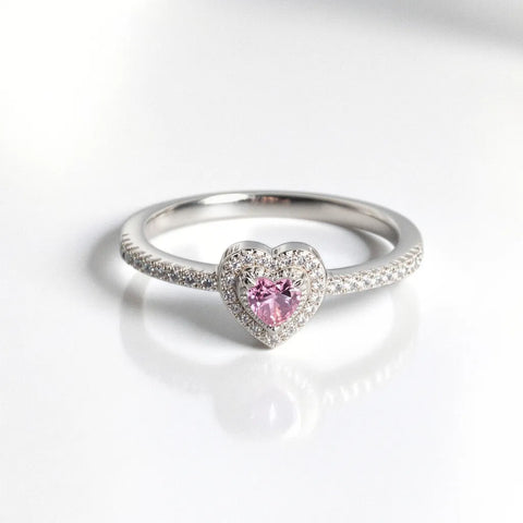 Conjunto Coração Rosa Cravejado em Prata 925  – Colar, Anel e Brincos