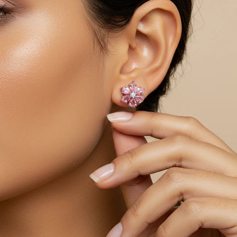 Brinco Flor Safira Rosa em Prata 925