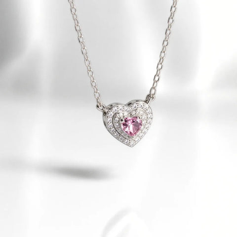 Conjunto Coração Rosa Cravejado em Prata 925  – Colar, Anel e Brincos