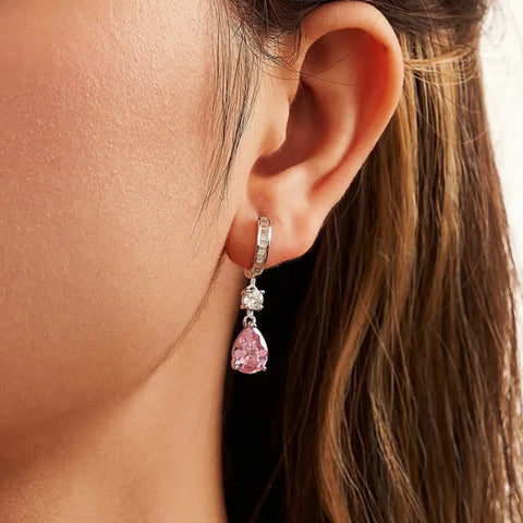 Brinco Argola com Gota Rosa em Prata 925