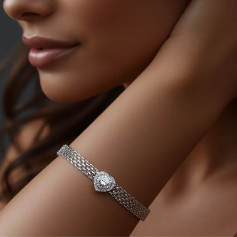 Pulseira Malha com Coração Cravejado em Prata 925 com Moissanite