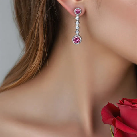 Brinco Longo Moissanites Rosa em Prata 925