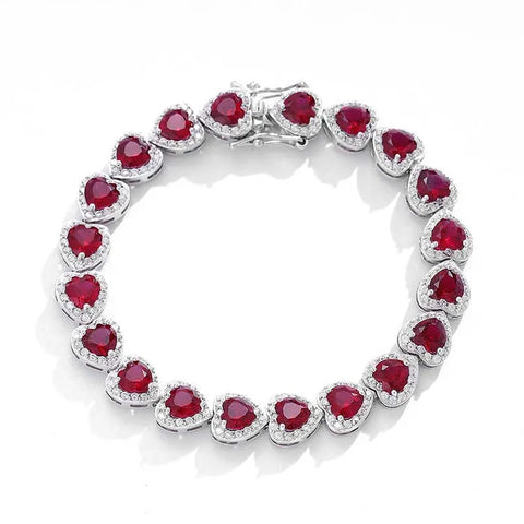 Pulseira com Corações Vermelhos Cravejados em Prata 925