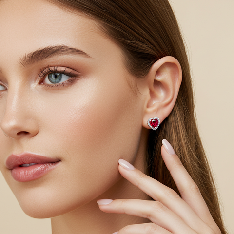 Brinco Coração Cristal Vermelho Cravejado em Prata 925