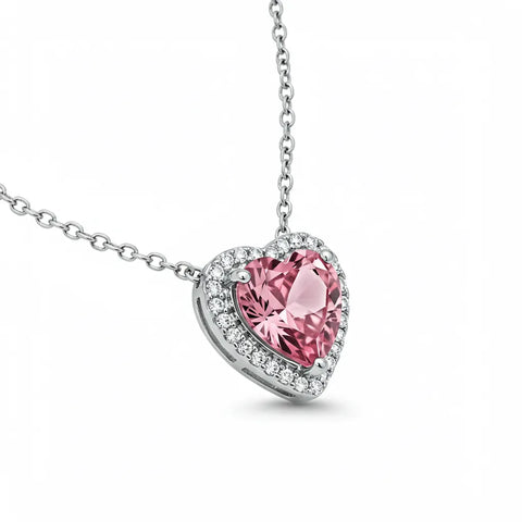 Colar Coração Rosa Cravejado 10mm em Prata 925