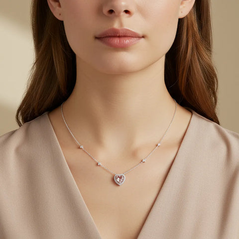 Colar Coração Rosa Cravejado 10mm em Prata 925