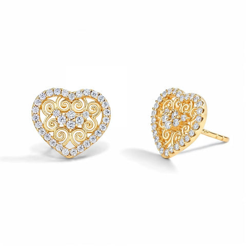 Brinco Coração Arabescos com Moissanites Banhado a Ouro 18k