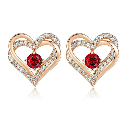 Brinco Duplo Coração com Cristal Granado Banhado a Ouro Rosé 18K
