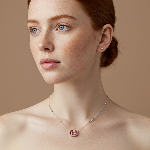 Colar Cristal Rosa Retangular em Prata 925